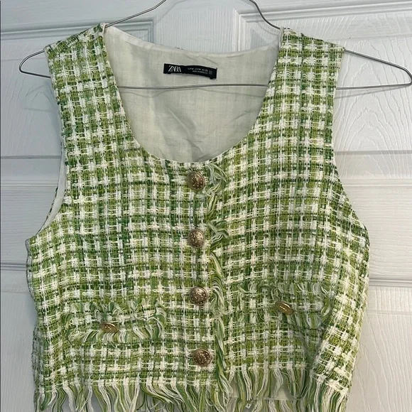 Zara Tweed Vest in Green and White with Gold Accents - Picture 1 of 6